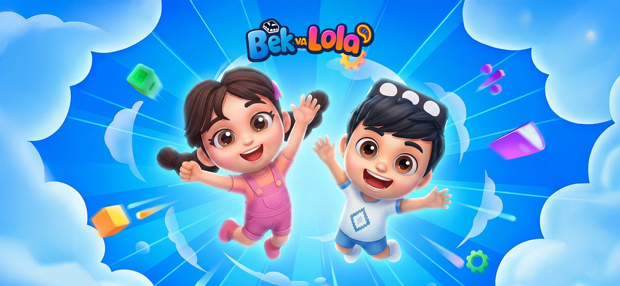 Bek va Lola quvnoq sakrashmoqda, tepada ilova logotipi