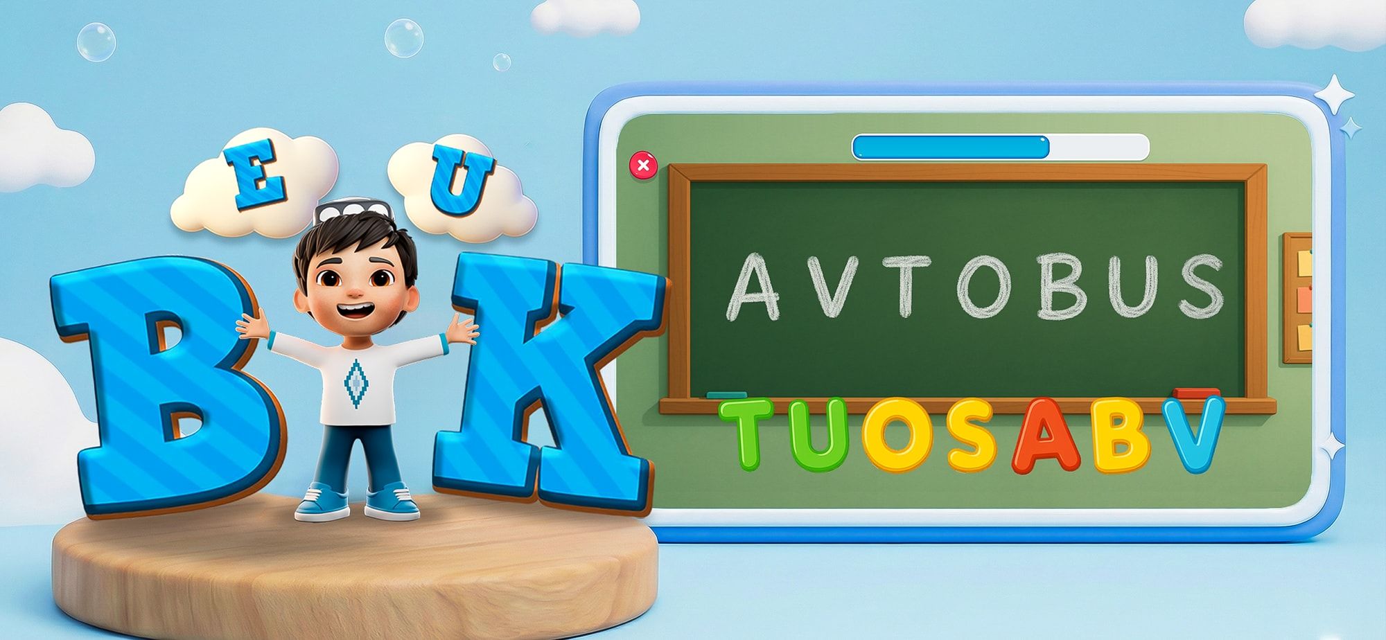 Harflar o‘yini: Bek katta harflar yonida, ekranda “AVTOBUS” so‘zi